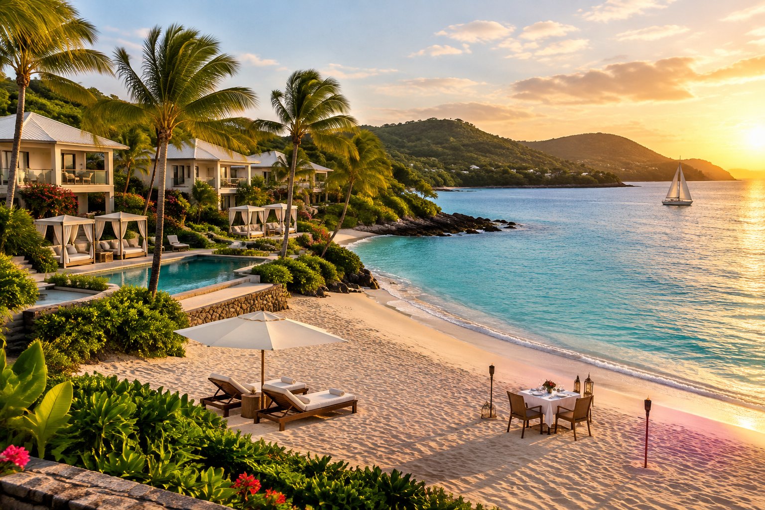 A luxurious beachfront resort overlooking a calm turquoise bay in Antigua, surrounded by palm trees and white sand.
