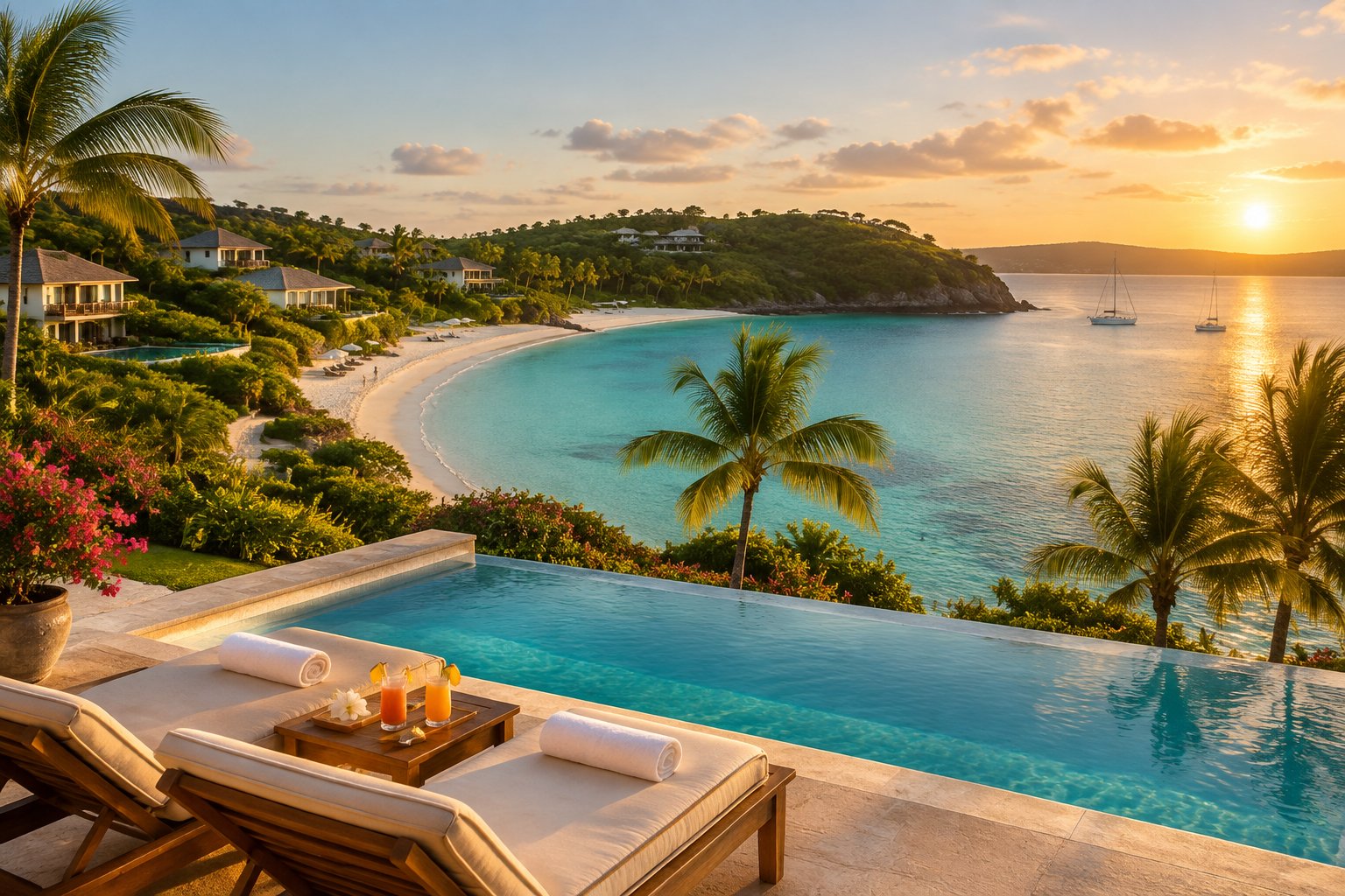 A luxurious resort overlooking a calm turquoise bay in Antigua, with a sandy beach, palm trees, and two lounge chairs.