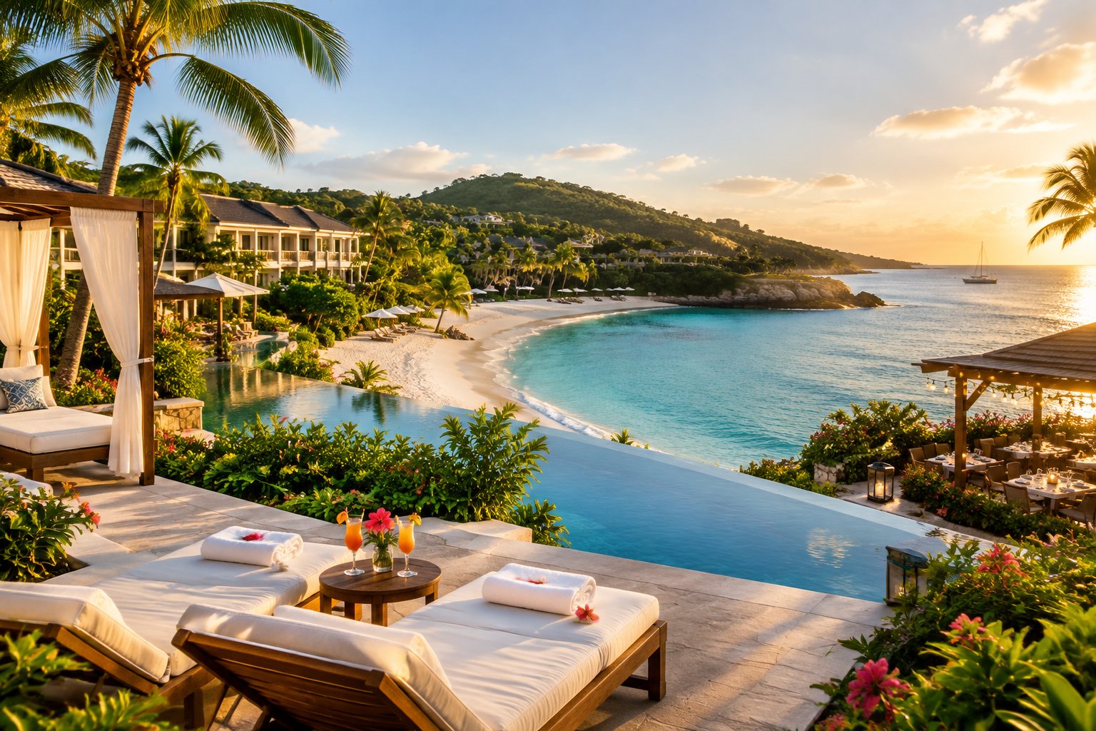 A luxurious beachfront resort on a calm Caribbean bay with palm trees, white sand, turquoise water, and romantic outdoor seating.