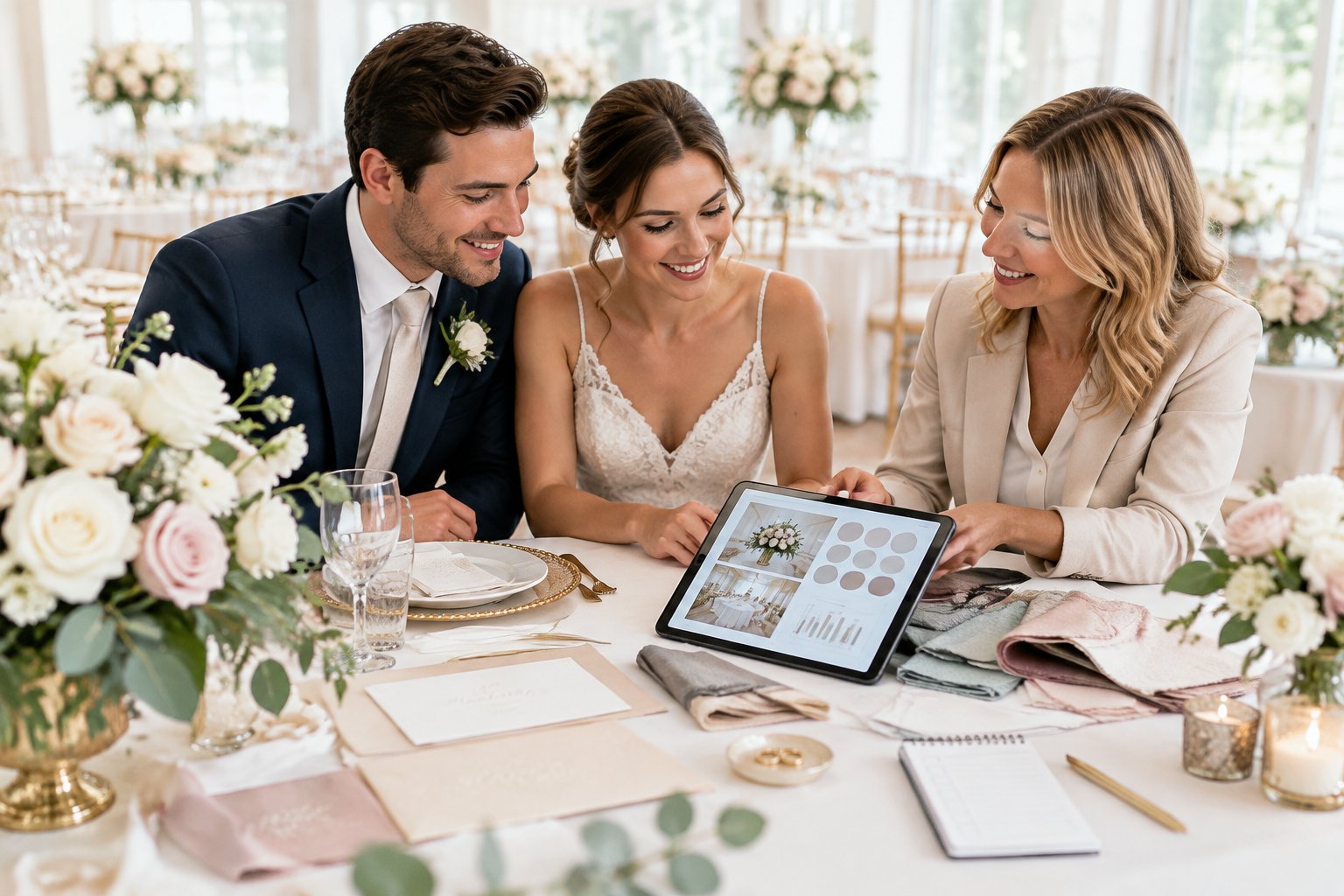 A couple discusses wedding arrangements with a planner at an elegantly decorated reception table.