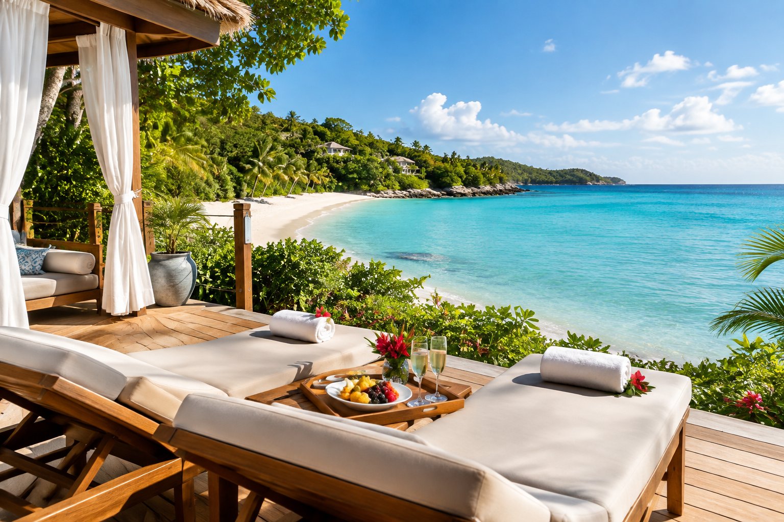 A romantic beachfront resort setting overlooking a turquoise bay in Antigua, with lounge chairs, tropical greenery, and a breakfast tray.