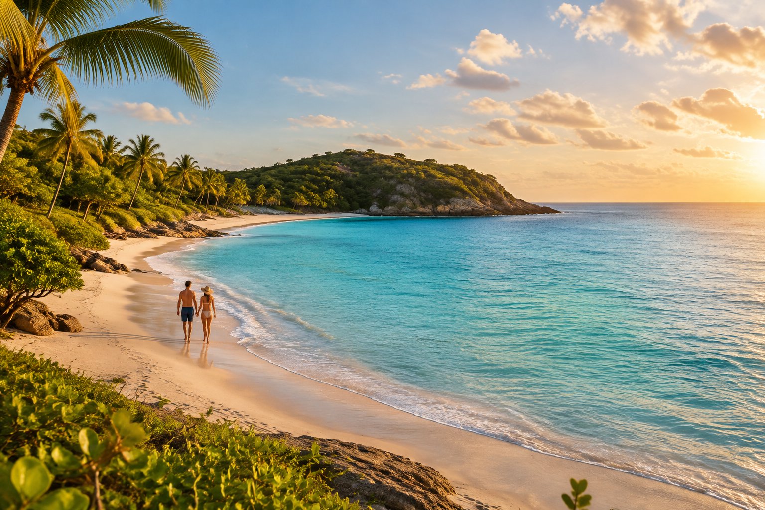 A couple walks along a secluded tropical beach with turquoise water and lush greenery.