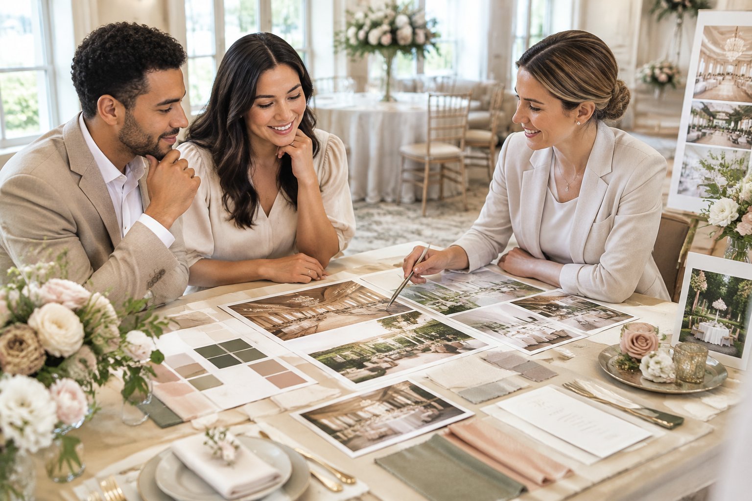 A couple consults with a wedding planner while comparing venue and celebration options at a table.