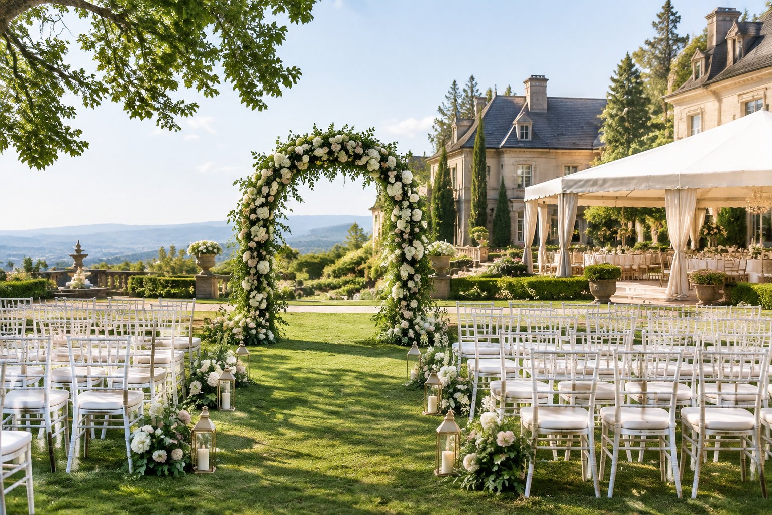 An elegant garden wedding venue with a floral arch, white chairs, and a covered reception area.