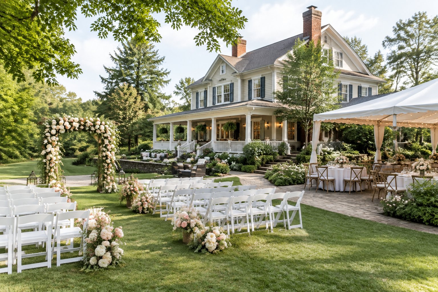 An elegant bed and breakfast wedding venue with garden ceremony seating, a floral arch, and decorated reception tables.