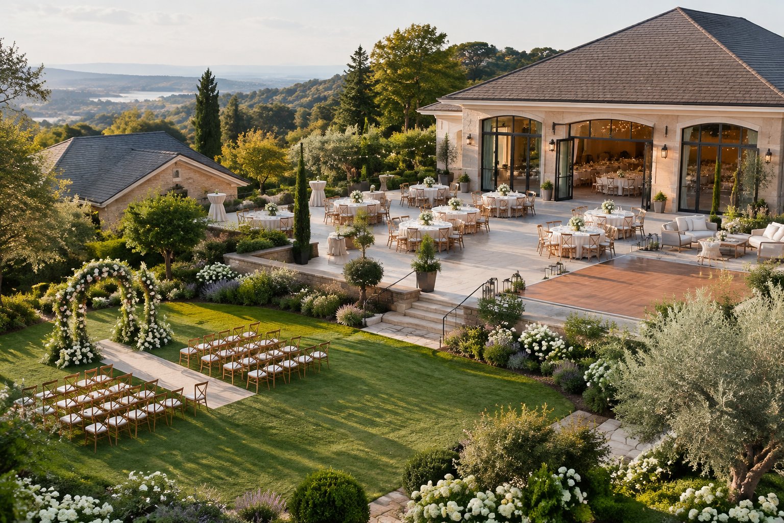 A versatile wedding venue with a garden ceremony area, reception hall, outdoor terrace, and varied seating arrangements.