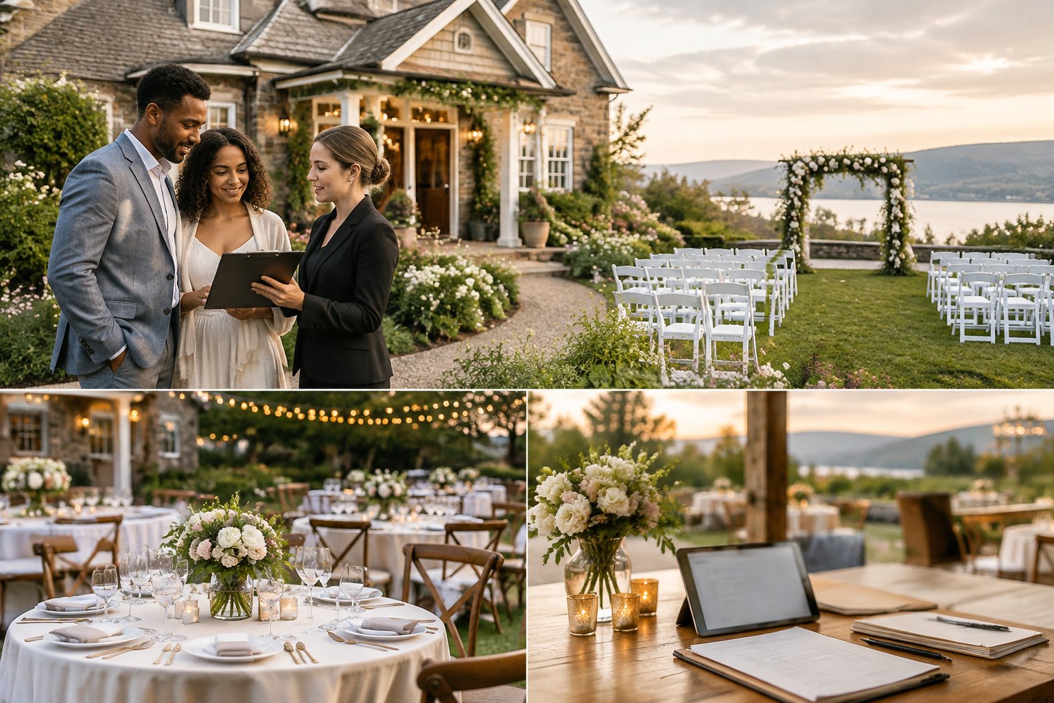 A couple reviews wedding plans outside a charming bed-and-breakfast venue with an outdoor ceremony setup.