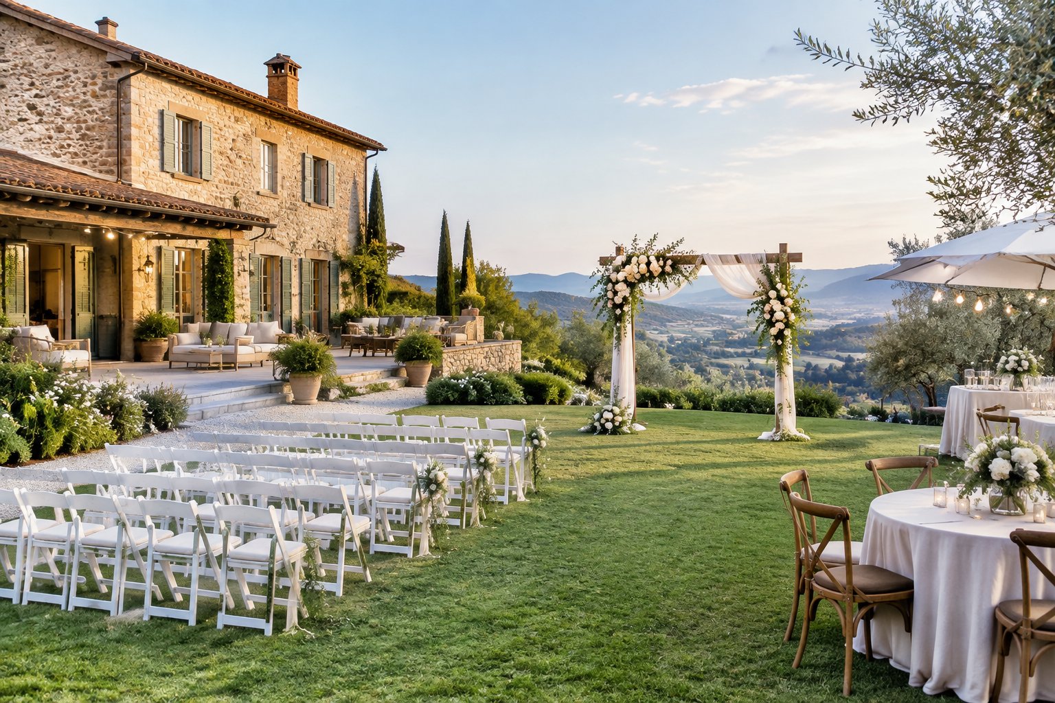 A private countryside rental prepared for an intimate outdoor wedding ceremony and reception.