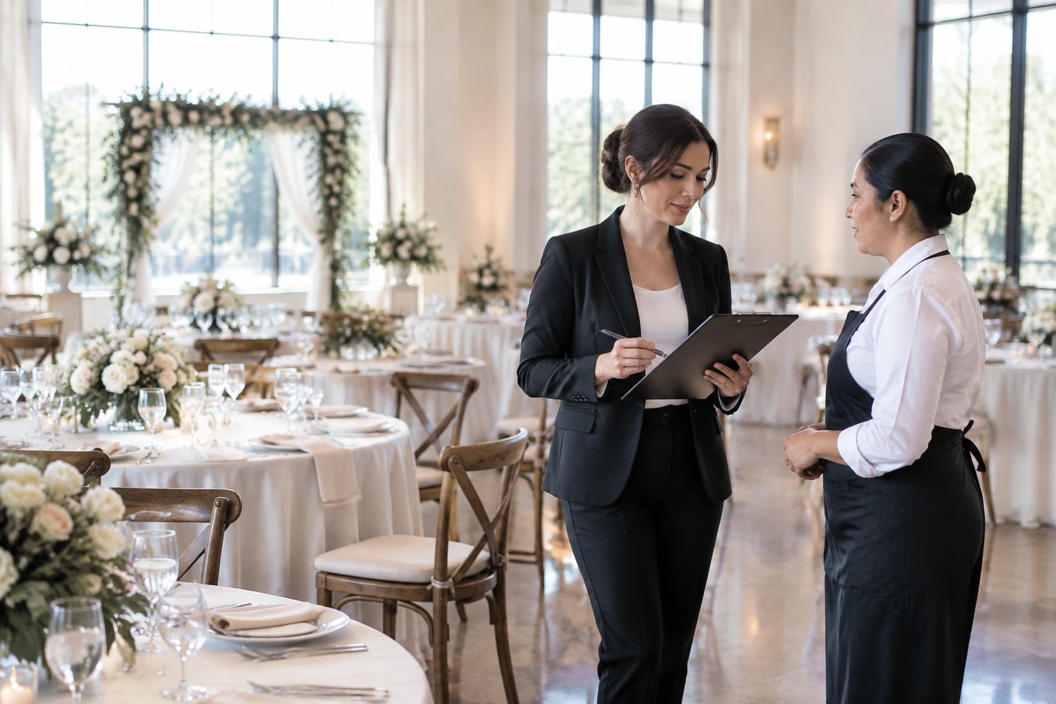 A wedding coordinator reviews final reception details with venue staff before guests arrive.