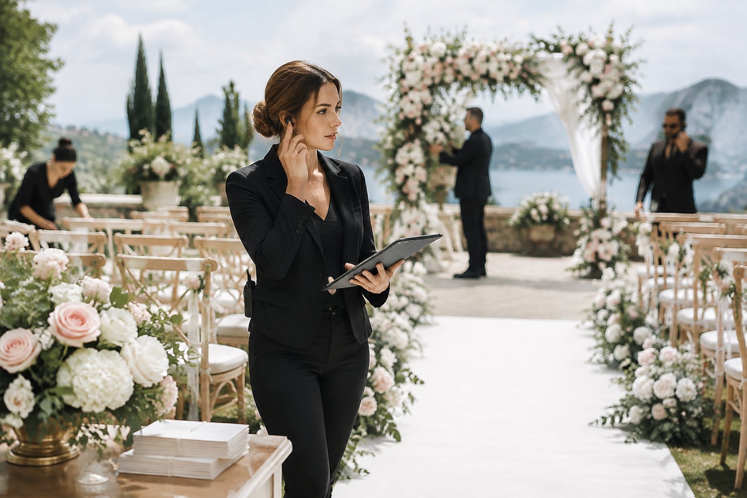 A wedding coordinator checks an outdoor ceremony setup while communicating with vendors before guests arrive.