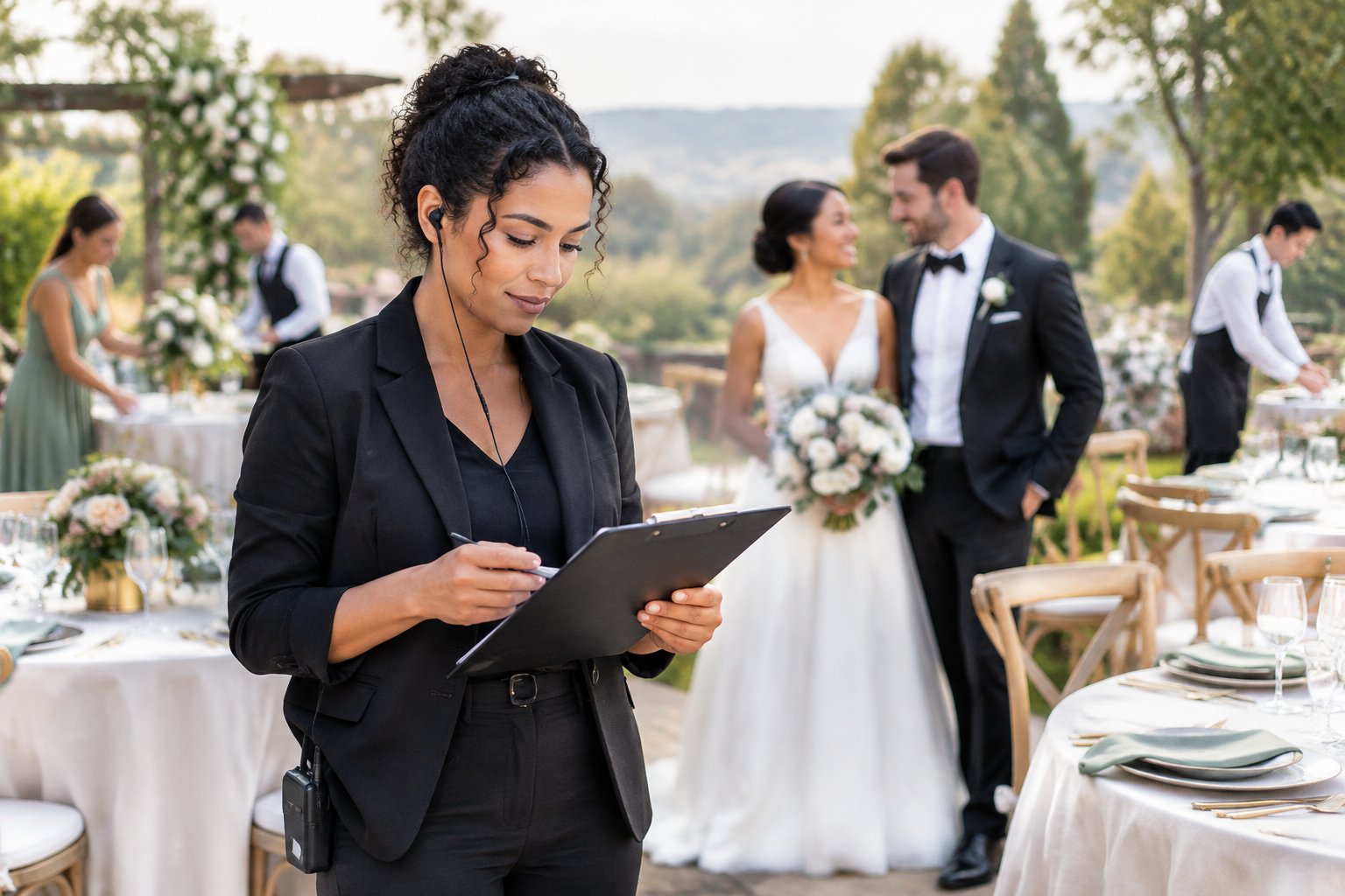 A wedding coordinator manages final preparations while the smiling couple enjoys a quiet moment at the venue.