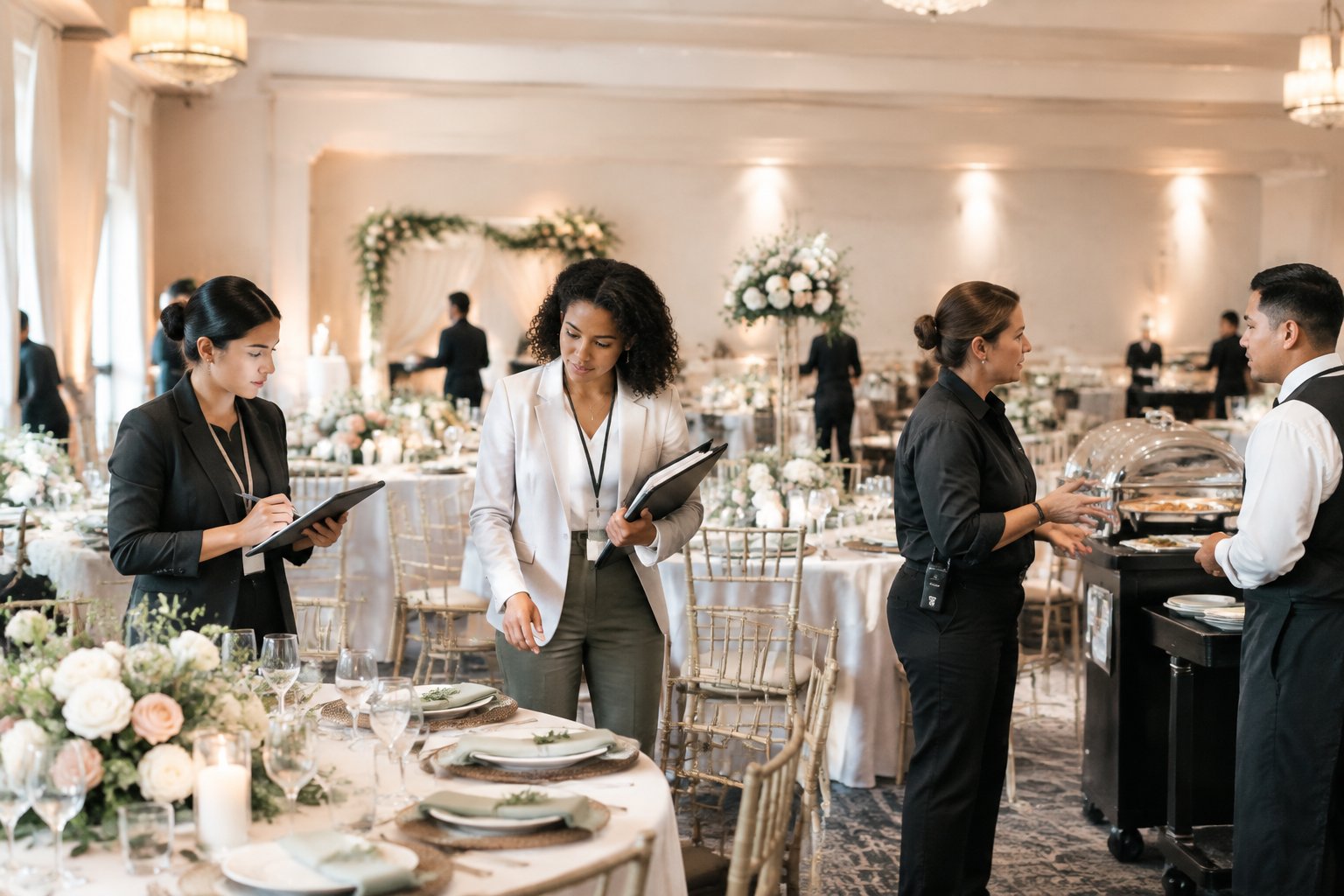 Three wedding professionals coordinate reception details while staff prepare an elegant venue.