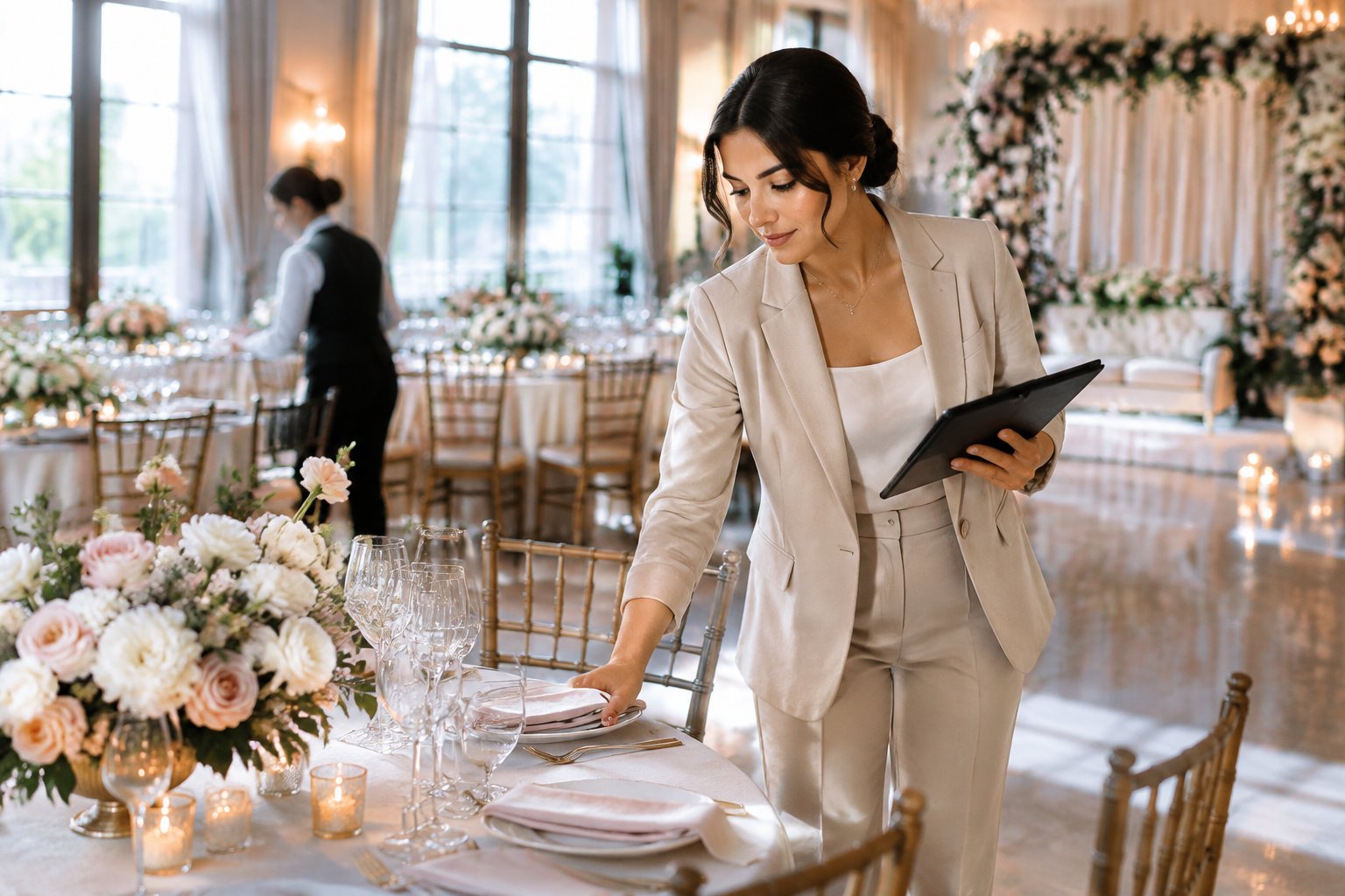 A wedding coordinator prepares a reception venue while checking details with a vendor.