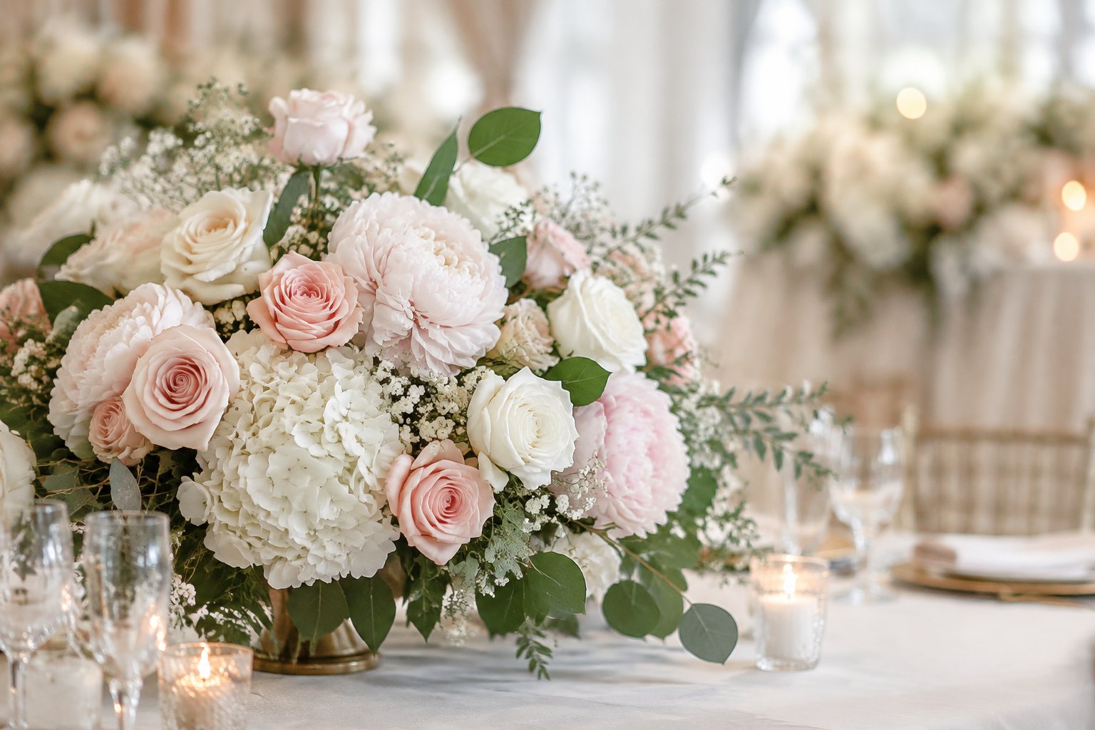 A romantic arrangement of white and blush wedding flowers with green foliage on a decorated table.