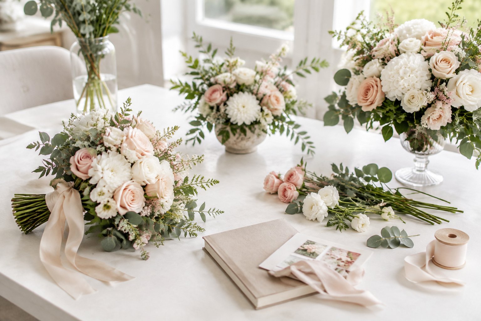 Wedding flowers, greenery, and planning materials arranged on an elegant table.