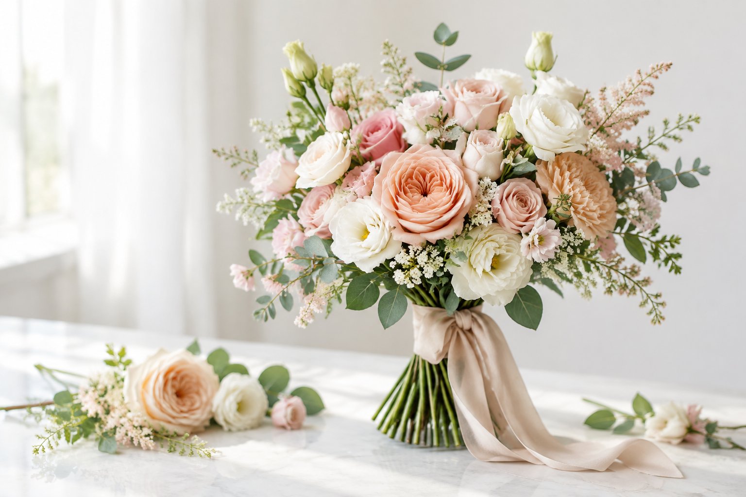 A coordinated bridal bouquet of soft pastel flowers and greenery arranged on a bright surface.