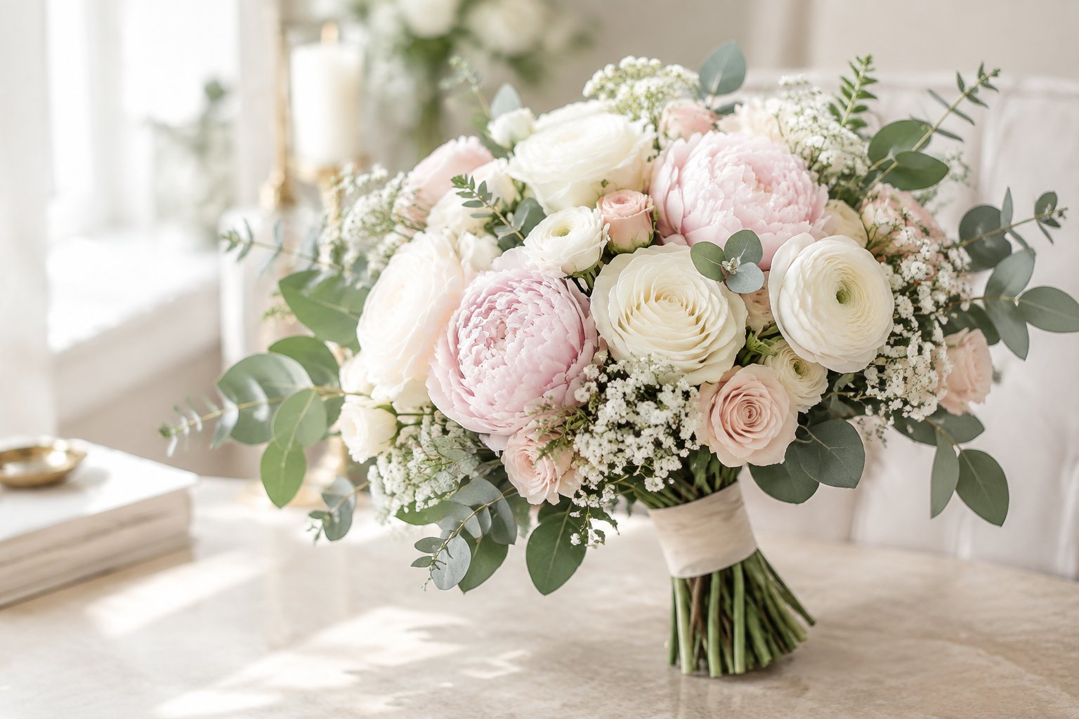 A romantic wedding bouquet of white and blush flowers with eucalyptus greenery.