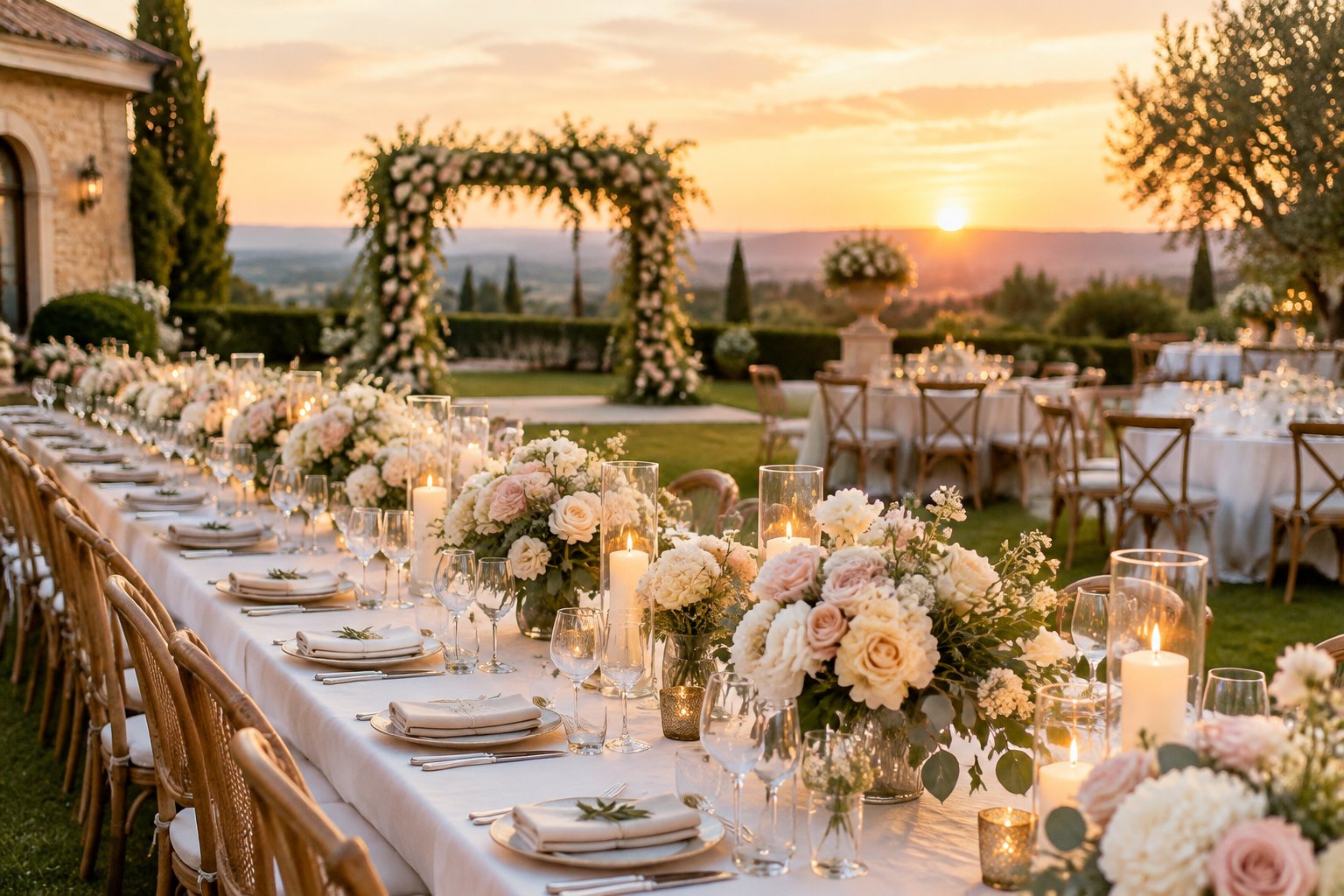 An elegant outdoor wedding reception setup with floral centerpieces, decorated tables, and a ceremony arch.