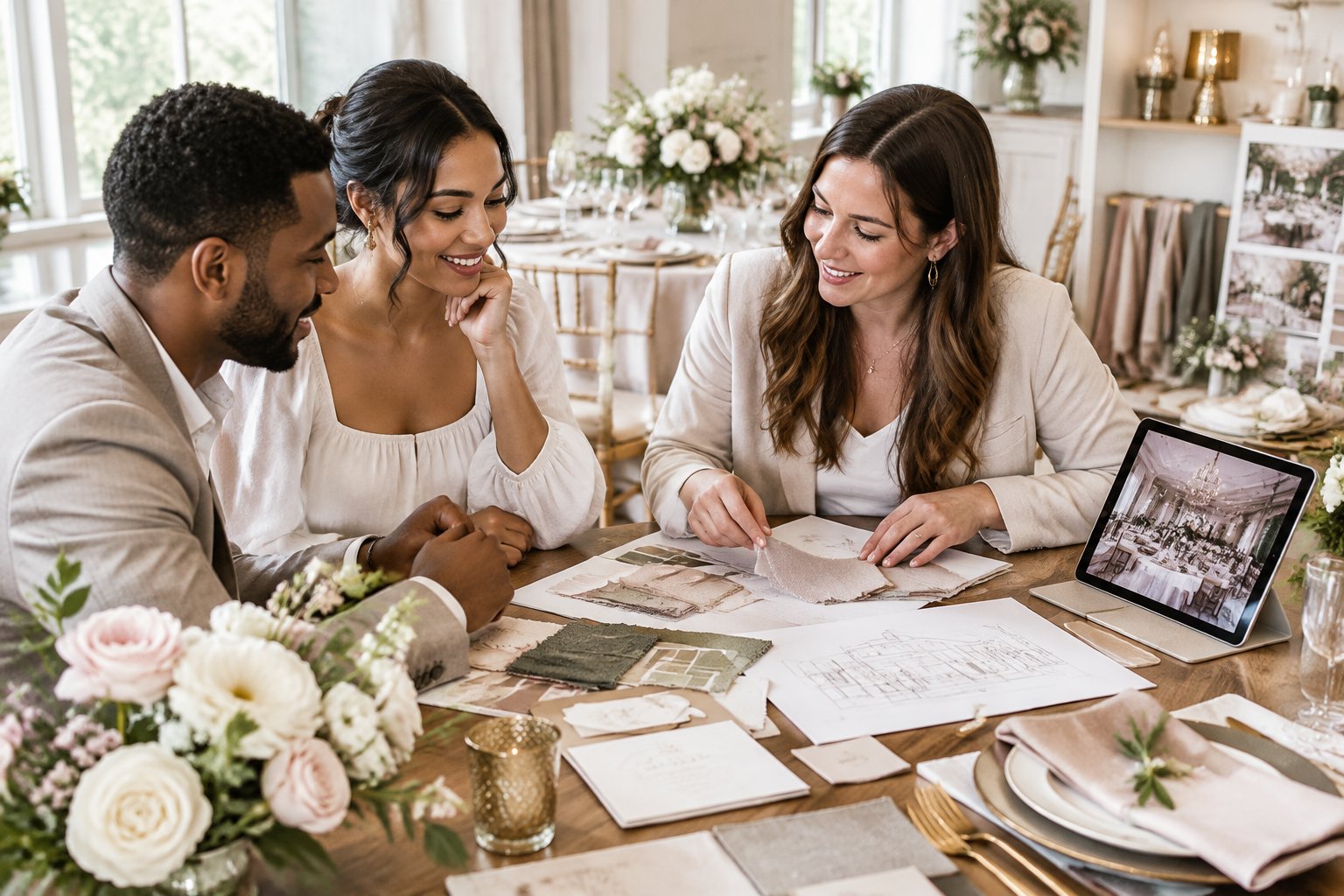 A couple meets with an event planner to review wedding and celebration details at a table.
