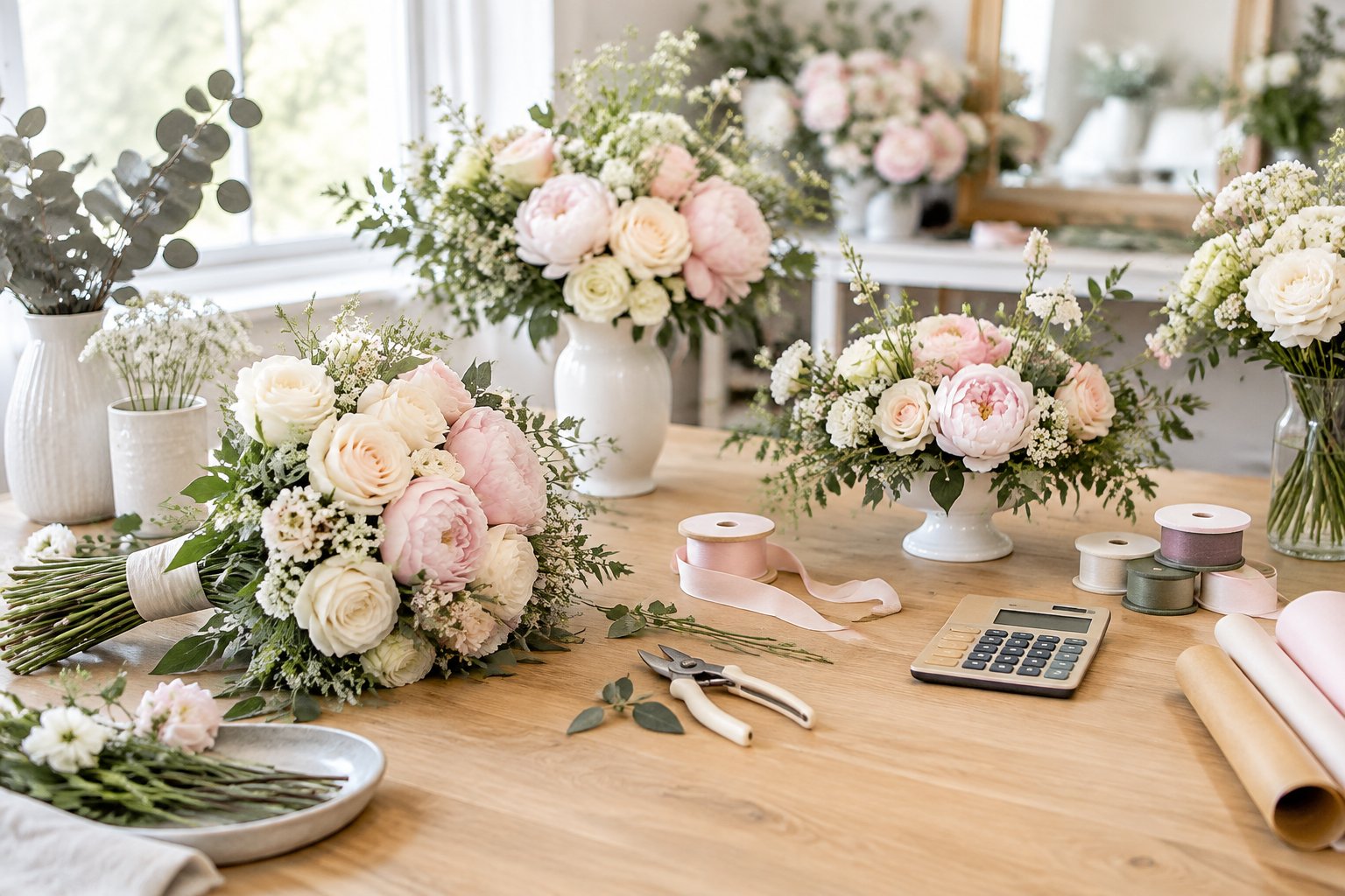 Fresh wedding flowers, bouquets, and floral supplies arranged on a florist’s worktable.