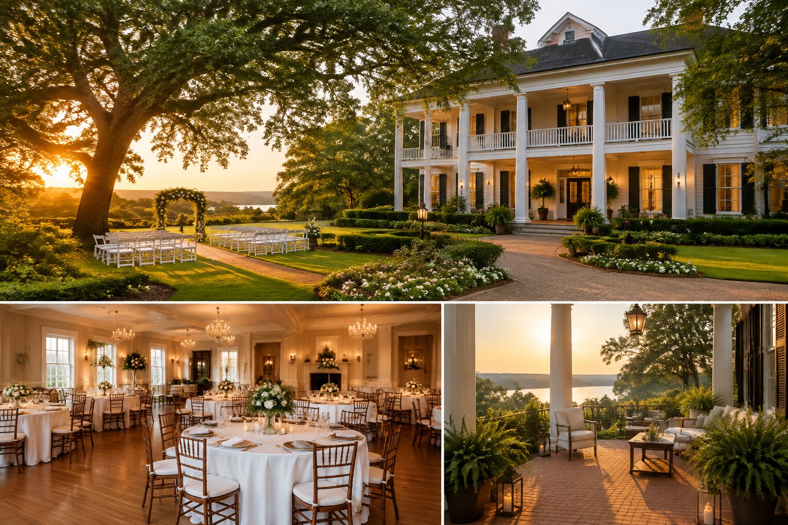 Elegant Southern wedding venue with landscaped grounds, decorated reception tables, and warm lighting.