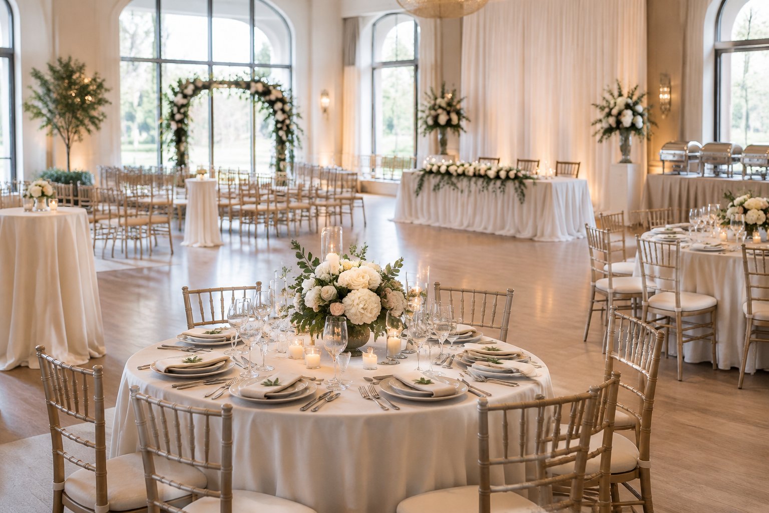 An elegant wedding reception venue arranged with decorated tables, chairs, floral centerpieces, and event furnishings.