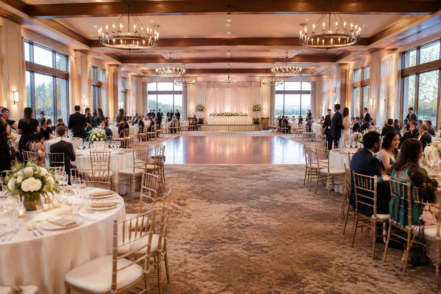 A spacious wedding reception hall with banquet tables, a dance floor, and guests mingling.