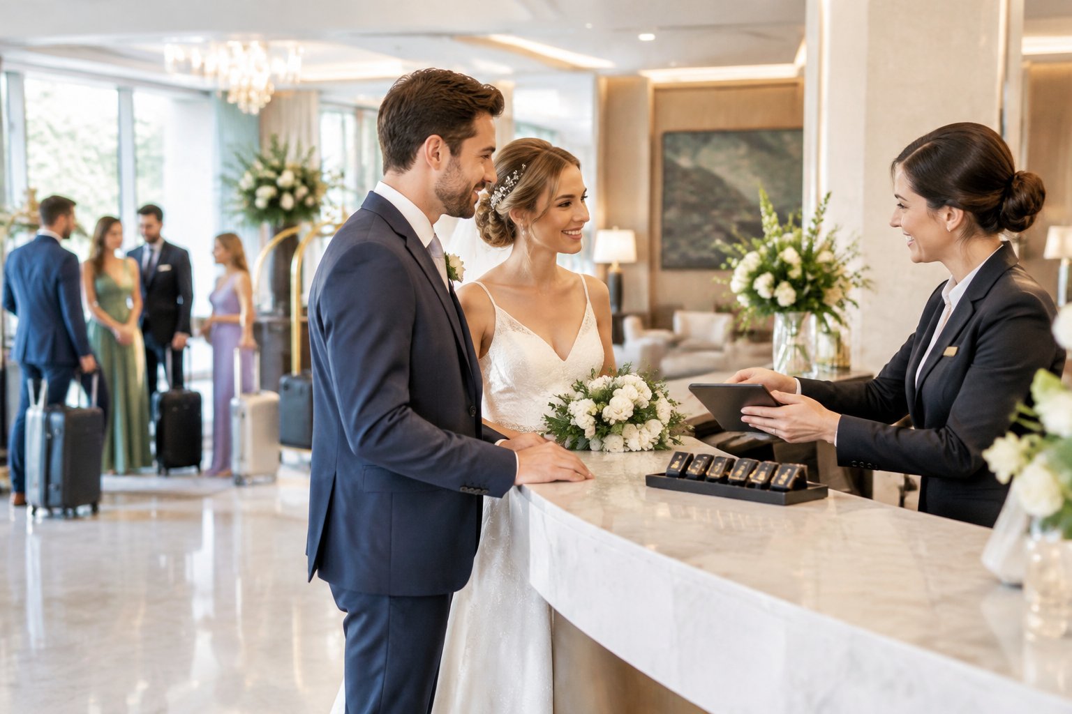 A couple in wedding attire discusses hotel accommodations with a reservations manager in a hotel lobby.