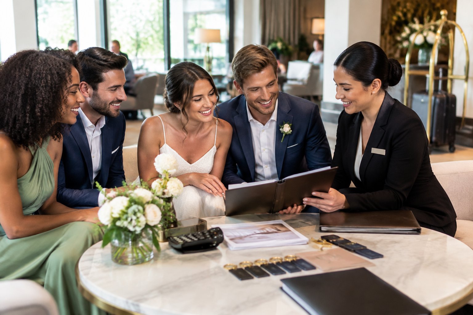 A couple reviews hotel accommodations with wedding guests and a hotel representative in a bright lobby.
