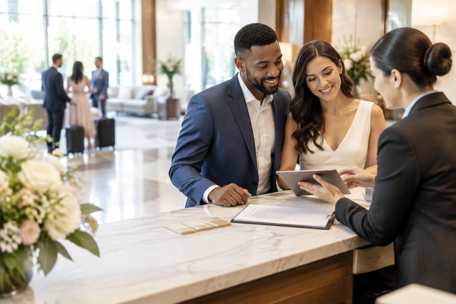 A couple discusses wedding guest accommodations with a hotel representative in an elegant lobby.