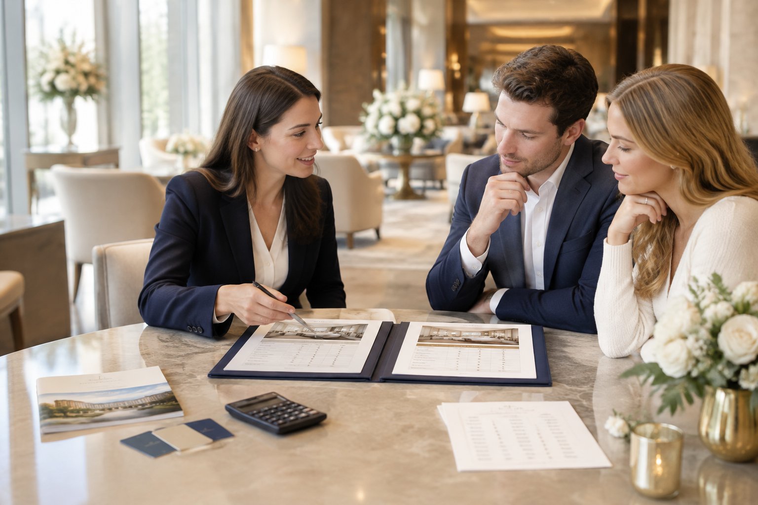 An engaged couple compares hotel room-block options with a wedding planner at a table.