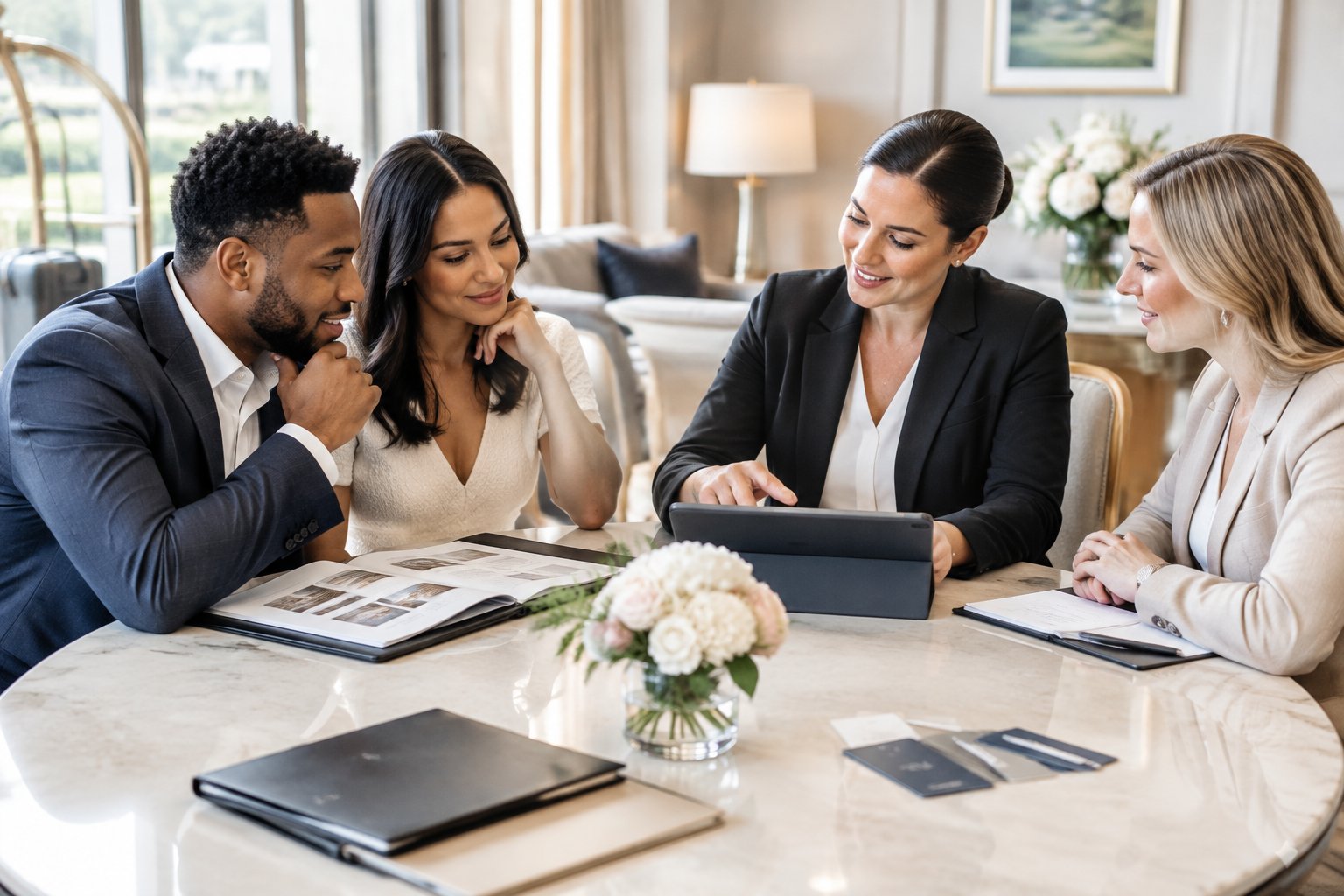 A couple consults with a wedding planner and hotel coordinator about a wedding room block.