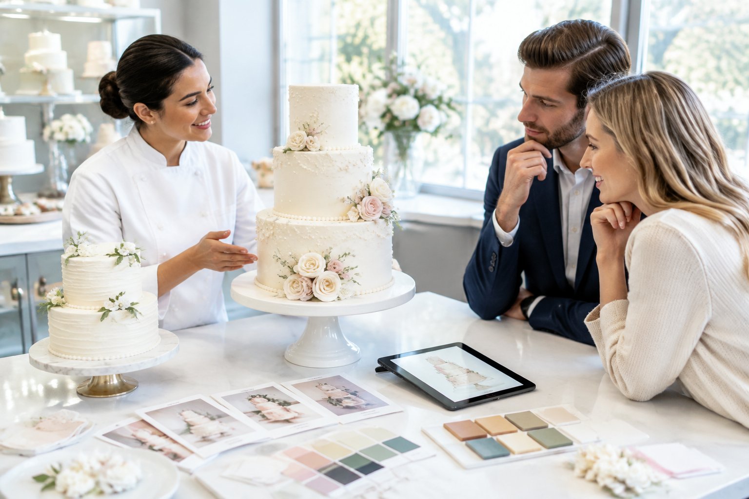 A pastry chef discusses elegant wedding cake designs with an engaged couple beside decorated sample cakes.