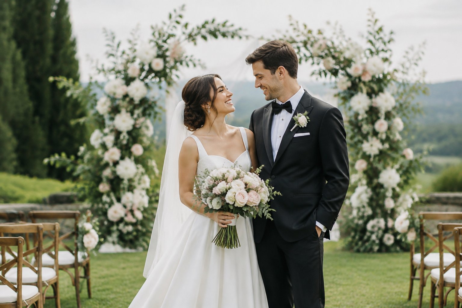 A bride and groom smiling together beneath a flower-covered wedding arch in a garden.