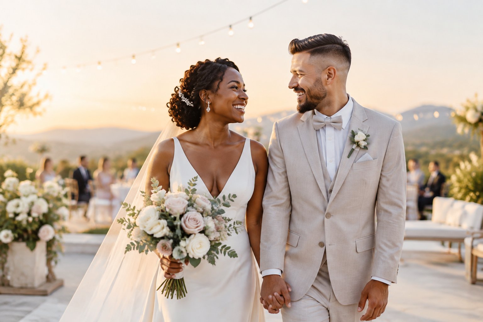 A newlywed couple holding hands and smiling at an elegant outdoor wedding celebration.