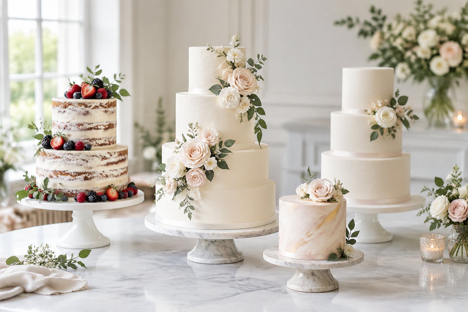 A display of elegant wedding cakes arranged on decorative stands.