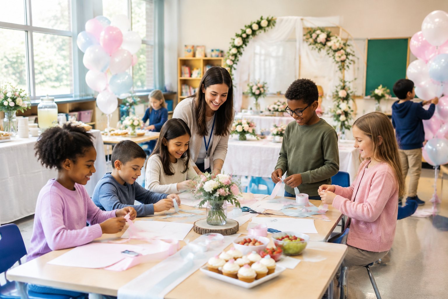 Children and a teacher prepare a decorated classroom for a joyful celebration.
