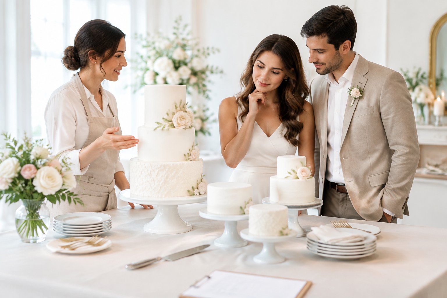A couple and a baker compare several wedding cake size options on a decorated table.