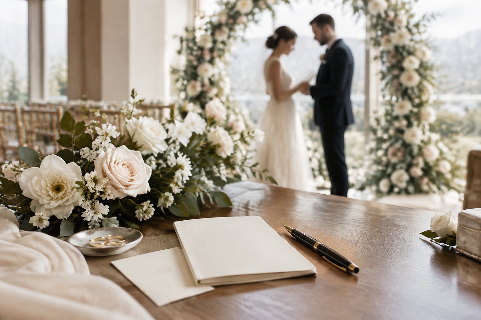 A couple prepares wedding vows beside a decorated ceremony table.