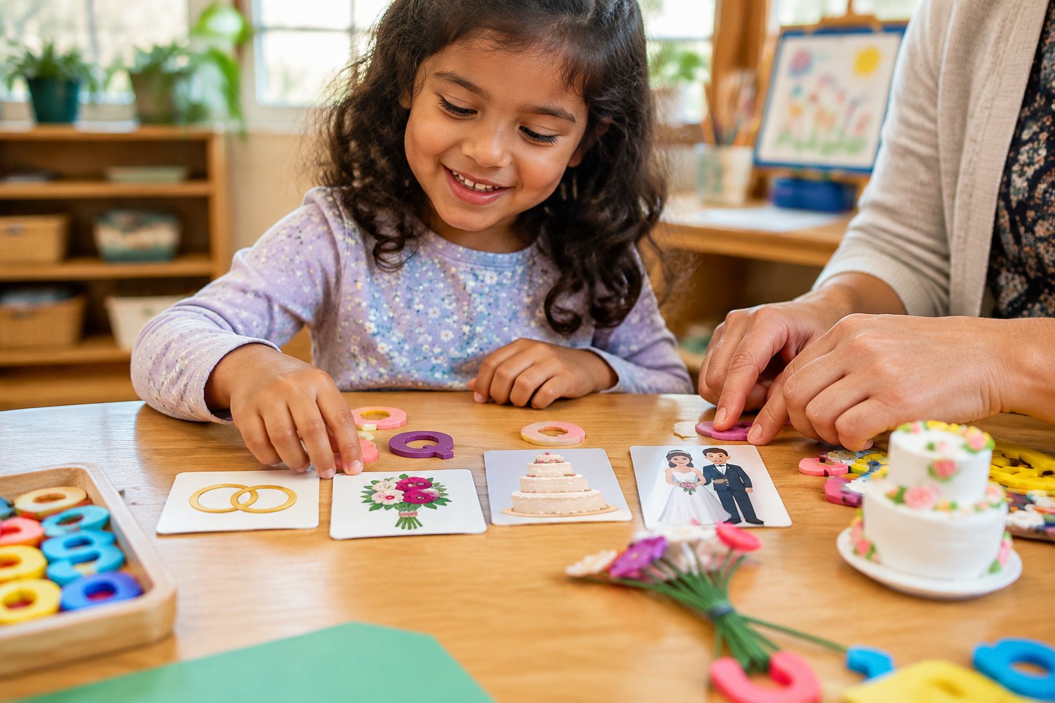 A child and adult arrange colorful learning materials featuring wedding-themed objects on a classroom table.