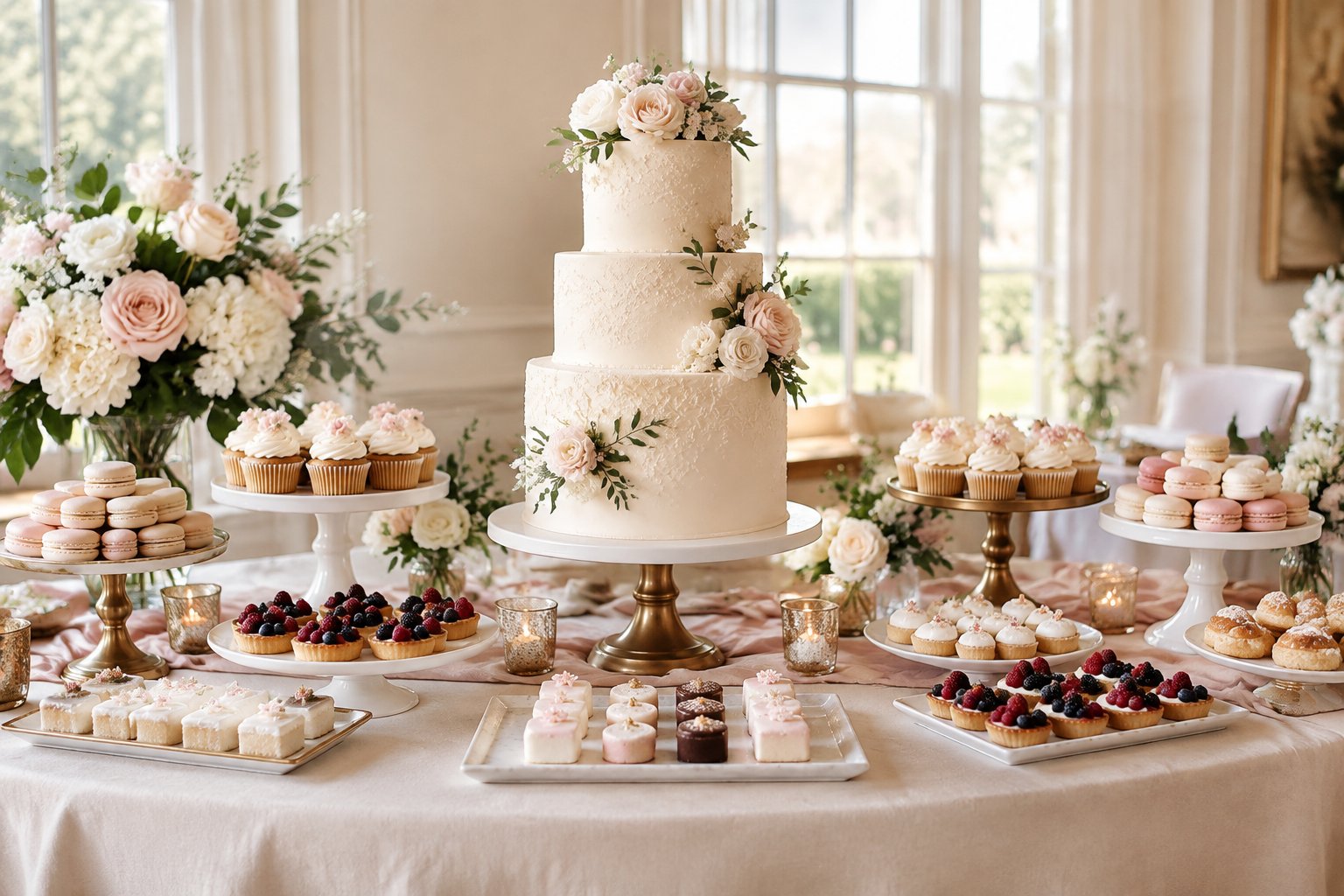 An elegant wedding dessert table with a tiered cake, pastries, flowers, and decorative serving stands.