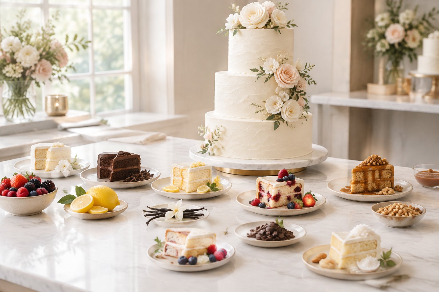 A tiered wedding cake surrounded by assorted cake samples, fillings, fruit, and dietary-friendly treats on a bakery counter.
