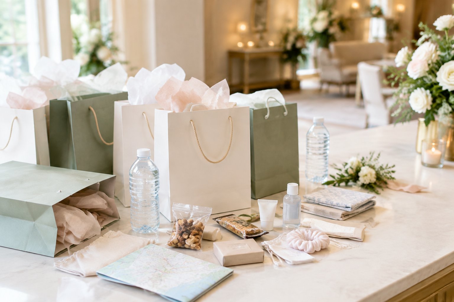 An elegant table displays thoughtfully arranged wedding welcome bags and small guest gifts in a bright venue.