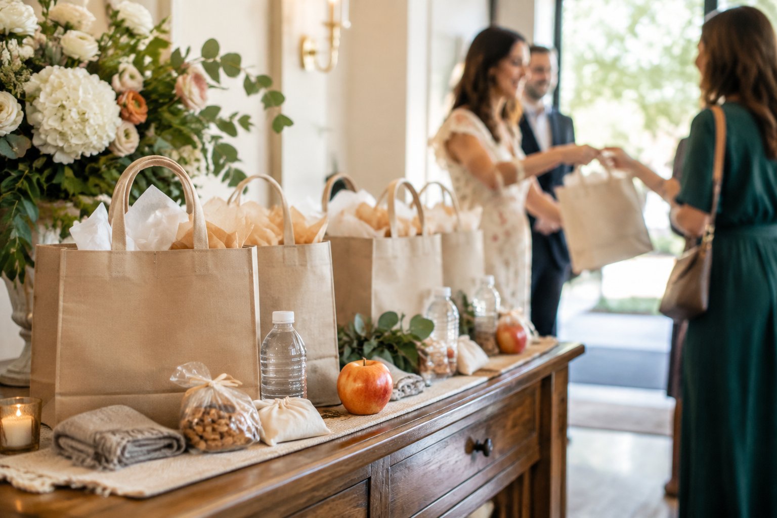 Elegant wedding welcome bags arranged on a table as guests arrive.