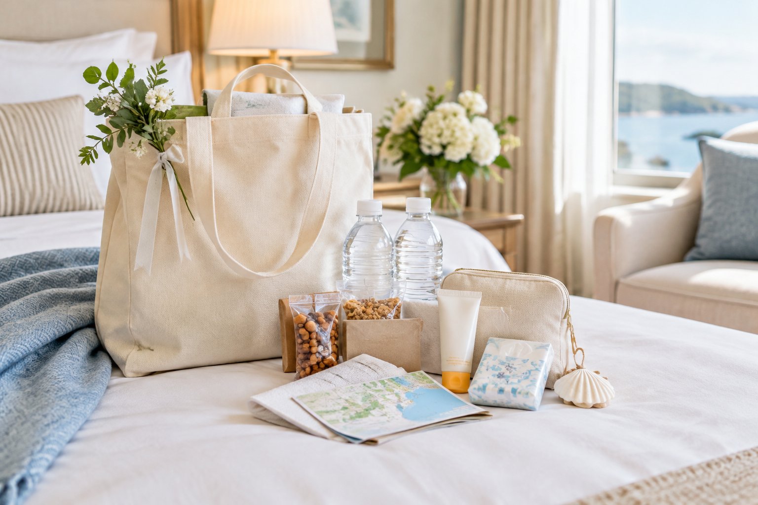 A wedding welcome bag arranged with useful guest essentials in a bright hotel room.