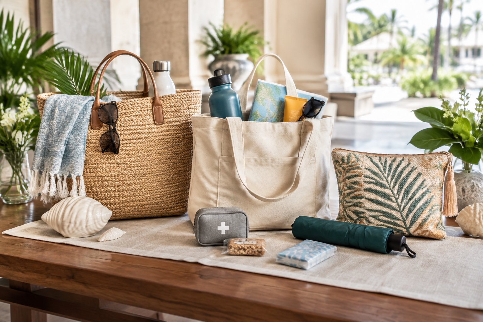 Wedding welcome bags with travel essentials arranged on a hotel table in a destination setting.