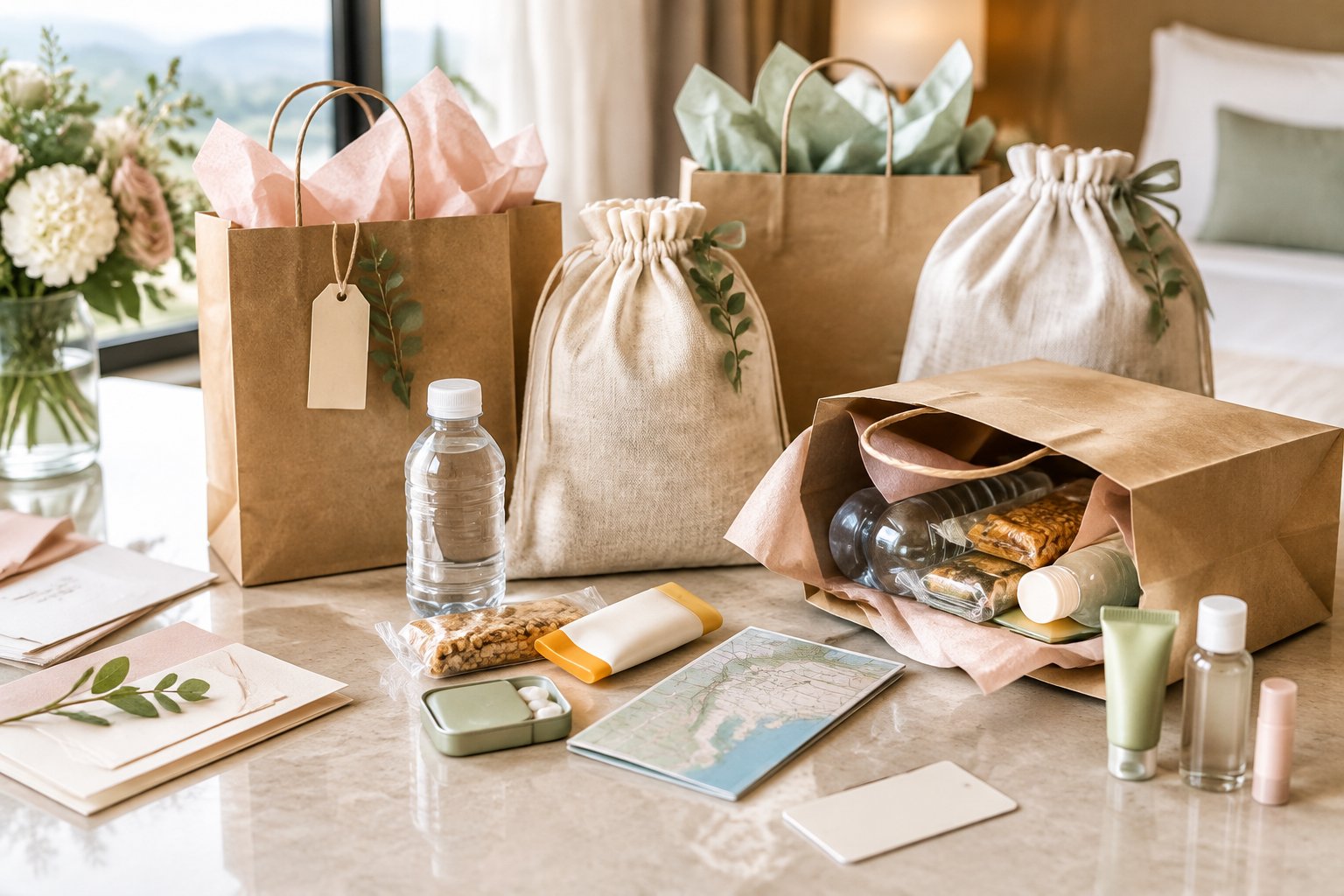 Wedding welcome bags with practical travel essentials arranged on a preparation table.