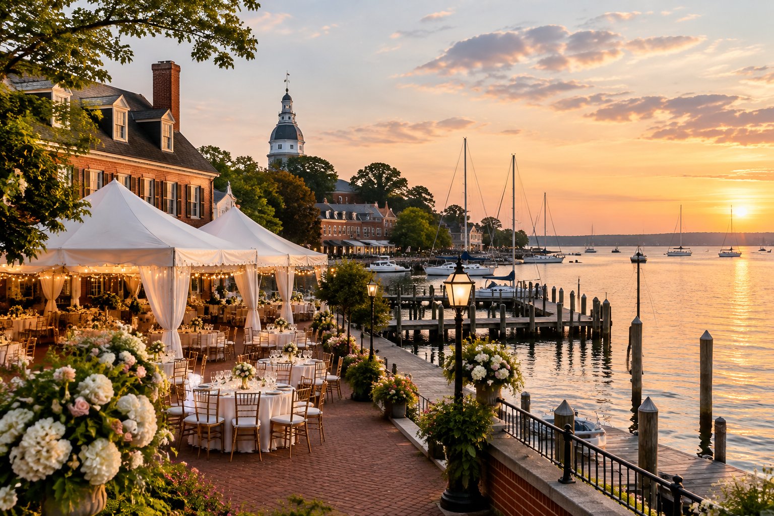 An elegant waterfront wedding venue with reception tables, sailboats, and a historic harbor setting at sunset.