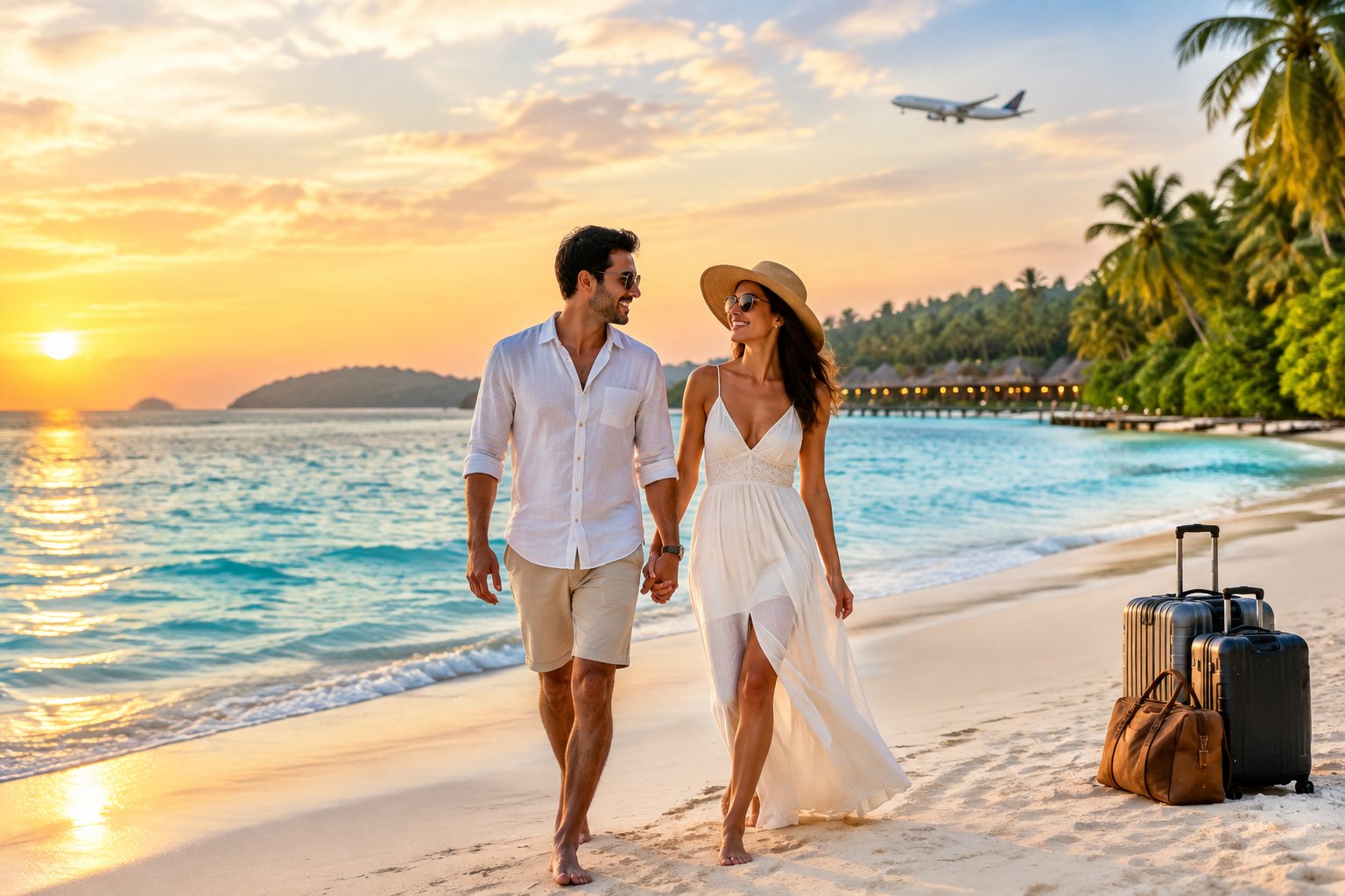 A newlywed couple walks along a tropical Andaman beach with luggage, a resort, and an airplane in the background.