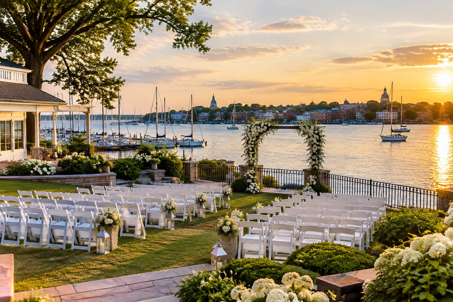 Elegant waterfront wedding venue overlooking calm Chesapeake Bay waters in Annapolis.